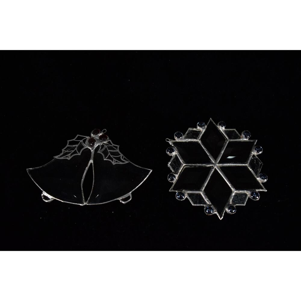 2 Stain Glass Christmas Ornaments Snowflake 6"  Bells & Holly 7"x6"
